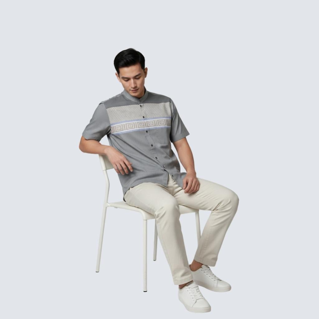 Odza Classic Baju Koko Modern Lengan Pendek Pria Atasan Muslim Regular Fit Dewasa Estisha Abu-abu