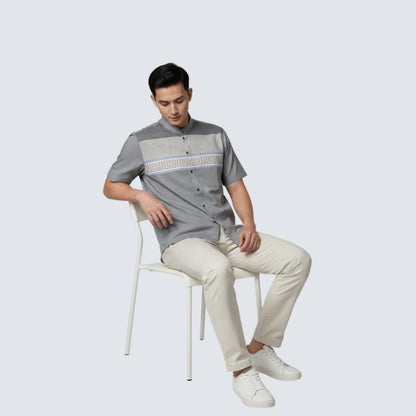 Odza Classic Baju Koko Modern Lengan Pendek Pria Atasan Muslim Regular Fit Dewasa Estisha Abu-abu