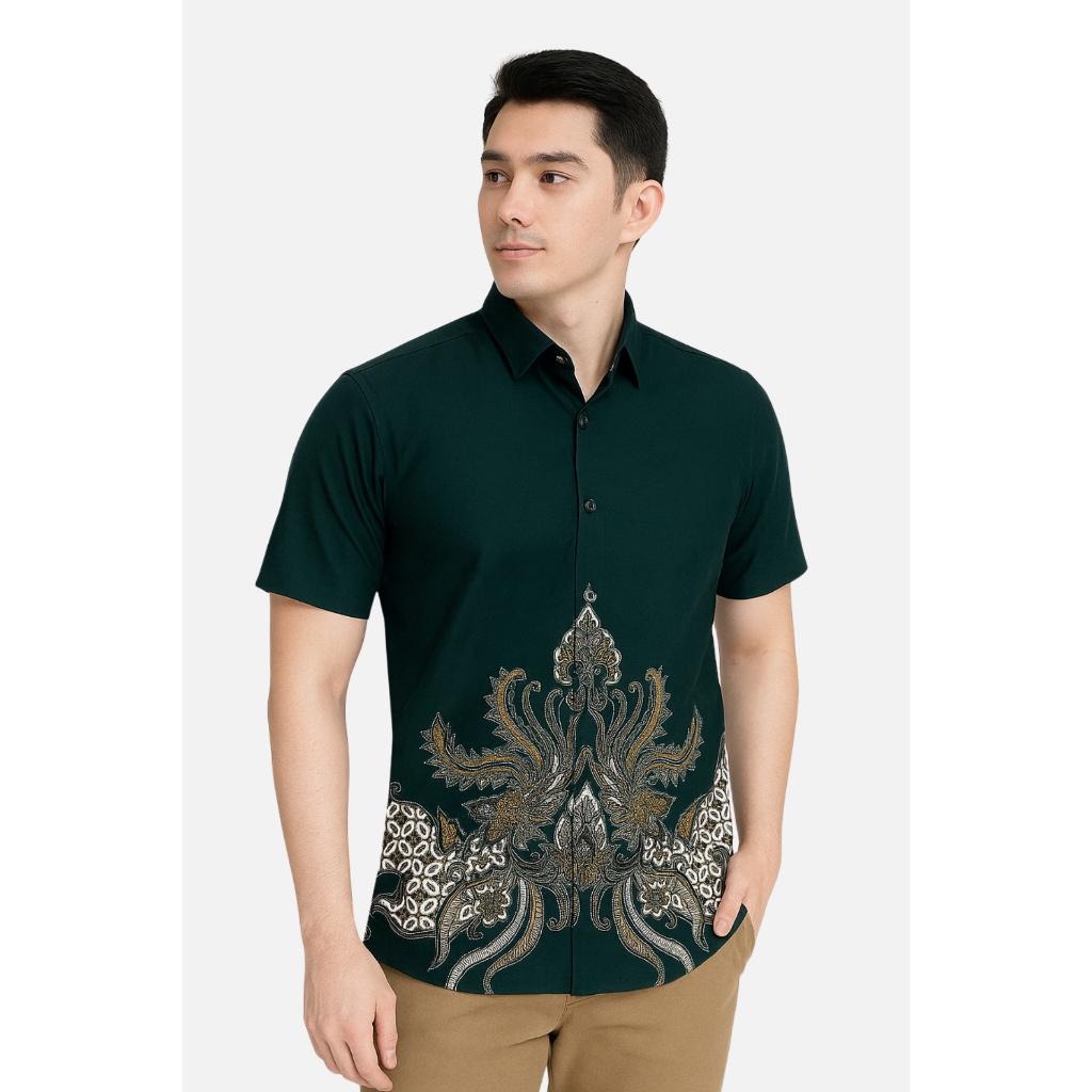 Odza Set Batik Couple Kemeja Rok Lilit Hem Couple Pria Kebaya Wanita Lengan Pendek Jumputan Hitam Priyatama Motif Setelan