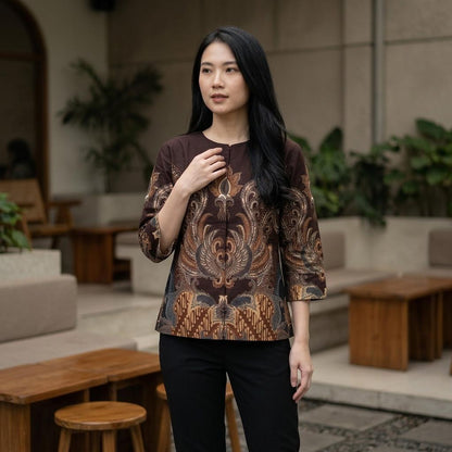 Odza Blouse Batik Wanita Lengan 7/8 Atasan Kemeja Kerja Kondangan Modern Dakupa Coklat Tua Hitam