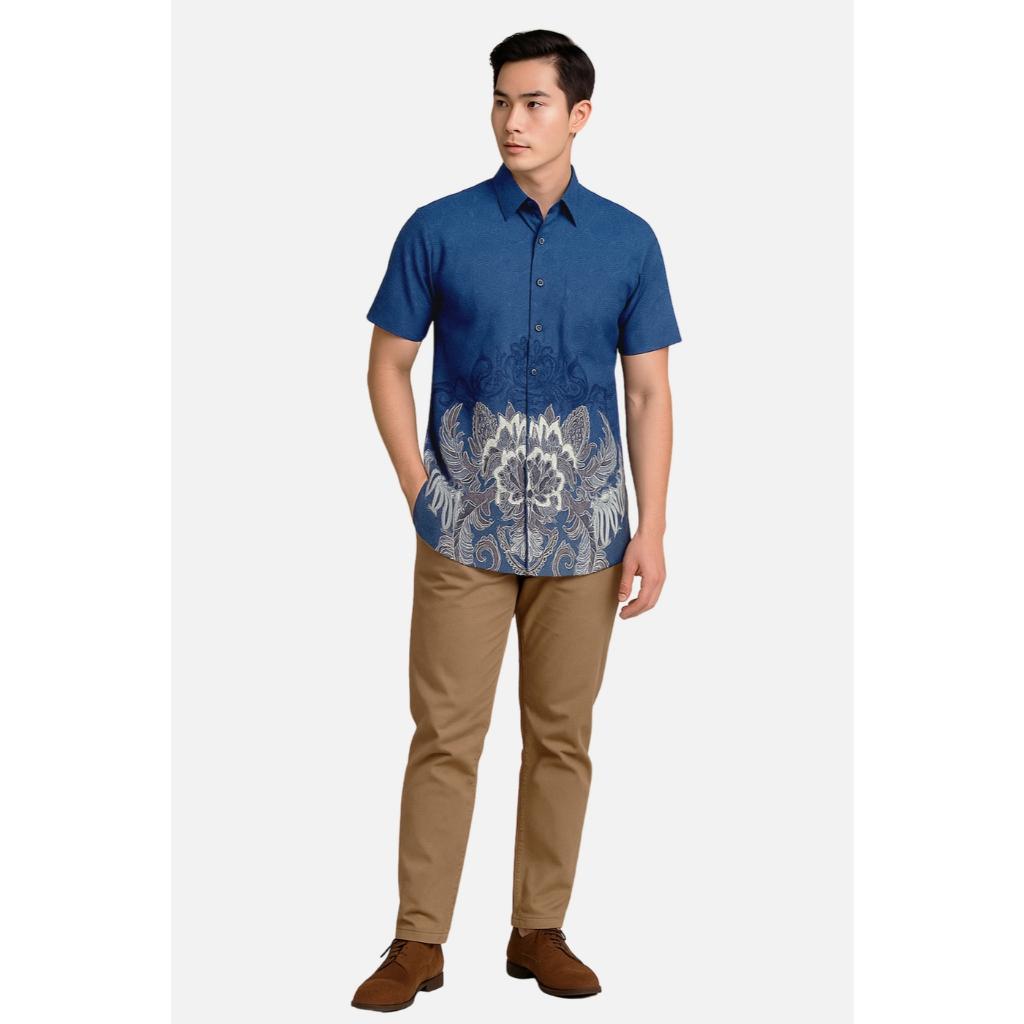 Odza Baju Batik Couple Kemeja Hem Pria Lengan Pendek Slim Fit Outer Rompi Vest Motif Biru Yogaswara