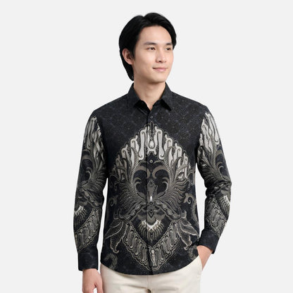 Odza Batik Couple Set Kemeja Pria Blouse Wanita Lengan Panjang 7/8 Cotton Printing Slim Fit Jumbo Arunawa Hitam Abu-abu