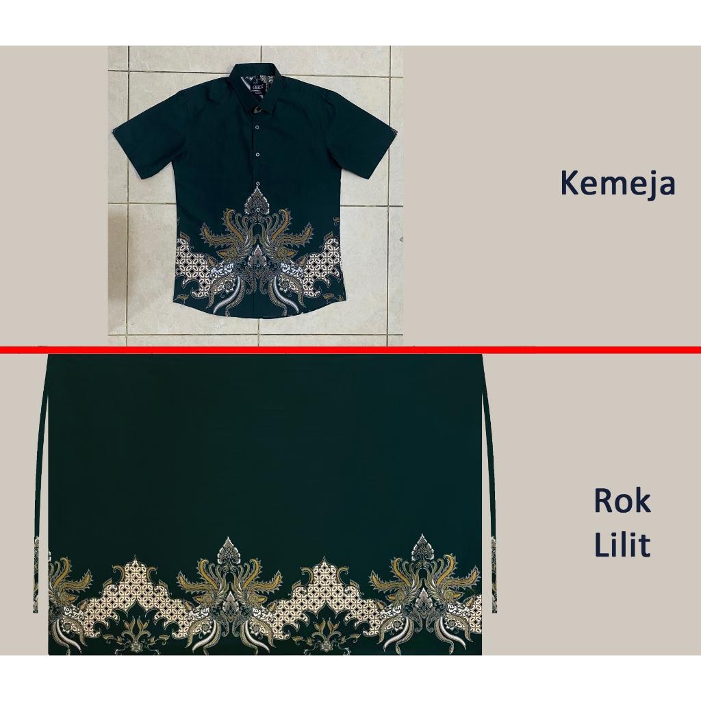 Odza Set Batik Couple Kemeja Rok Lilit Hem Couple Pria Kebaya Wanita Lengan Pendek Jumputan Hitam Priyatama Motif Setelan