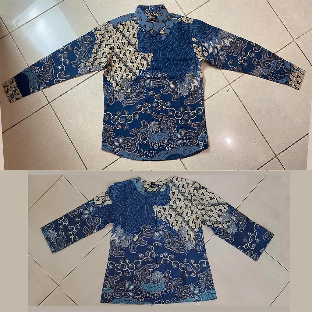 Odza Batik Couple Set Kemeja Pria Blouse Wanita Lengan Panjang 7/8 Cotton Printing Slim Fit Jumbo Javastera Biru