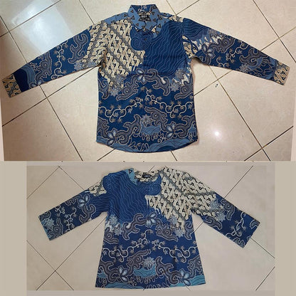 Odza Batik Couple Set Kemeja Pria Blouse Wanita Lengan Panjang 7/8 Cotton Printing Slim Fit Jumbo Javastera Biru