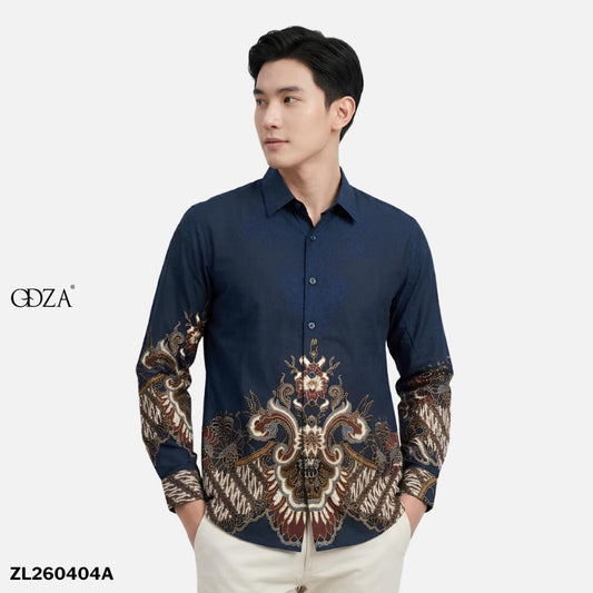 Odza Kemeja Batik Pria Slim Fit Lengan Panjang Katun Premium Baju Kerja Kondangan Panjira Navy Hitam