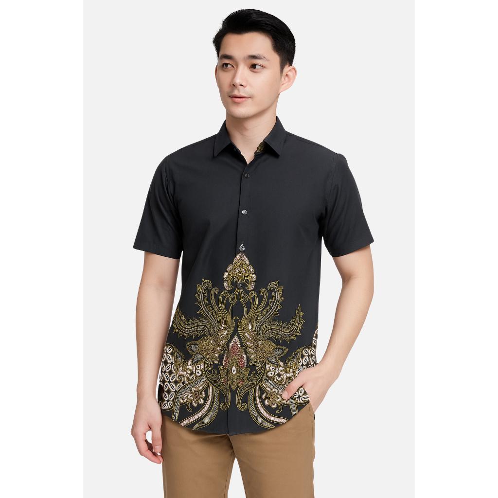 Odza Set Kemeja Rok Lilit Batik Couple Pria Wanita Lengan Pendek Kebaya Jumputan Hitam Naratama Motif Setelan