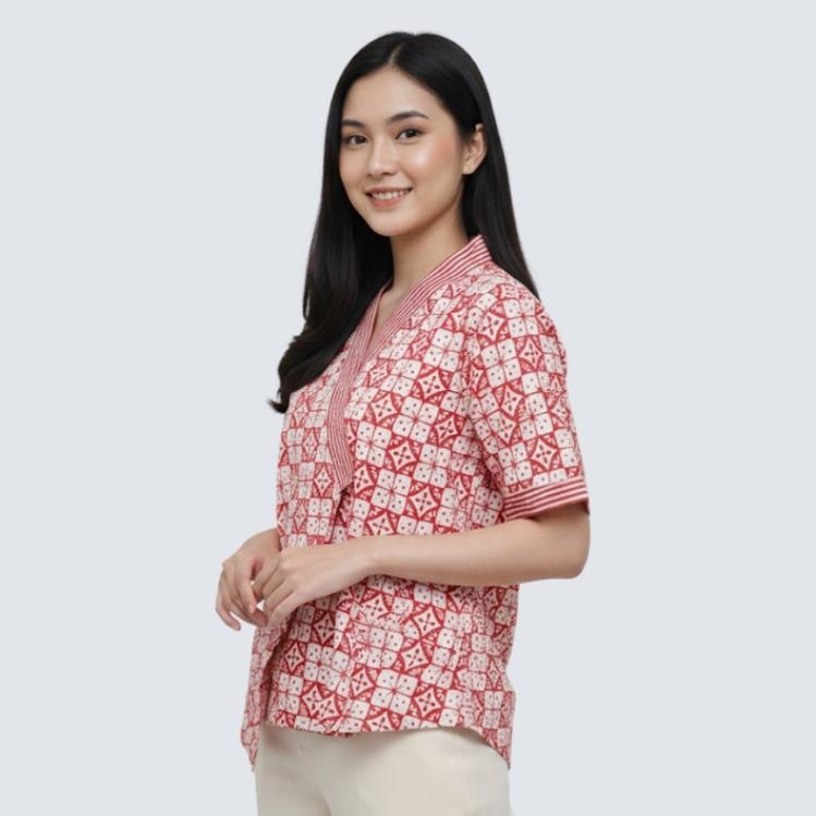 Odza Atasan Blouse Batik Modern Etnik Wanita Lengan Pendek Kimono Trikot Furing Merah Pink