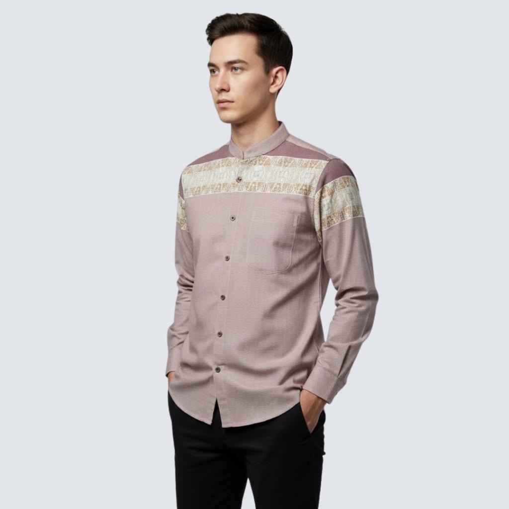Odza Baju Koko Pria Lengan Panjang Jumbo Kemeja Muslim Regular Fit Modern Gifari Dusty Pink