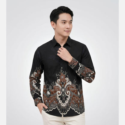 Odza Kemeja Batik Pria Slim Fit Lengan Panjang Katun Premium Baju Kerja Kondangan Bimantara Hitam Maroon