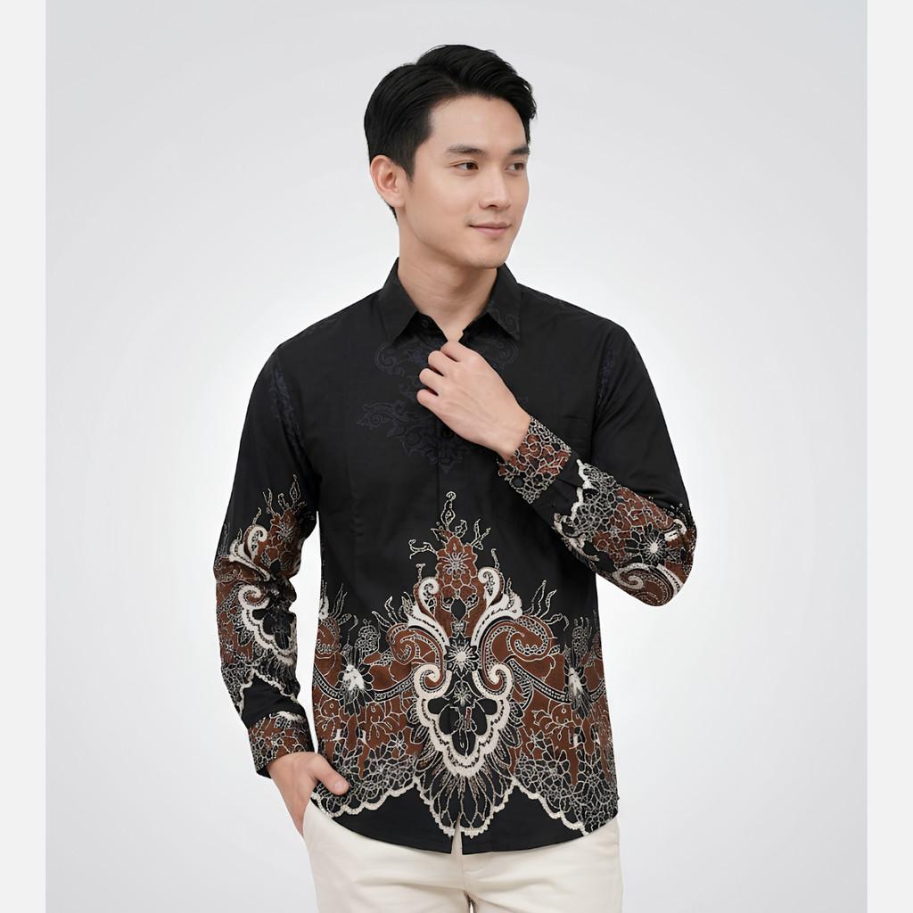 Odza Kemeja Batik Pria Slim Fit Lengan Panjang Katun Premium Baju Kerja Kondangan Maroon Hitam