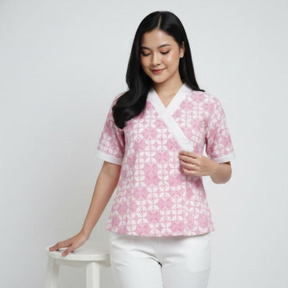Odza Atasan Blouse Batik Modern Etnik Wanita Lengan Pendek Kimono Trikot Furing Merah Pink