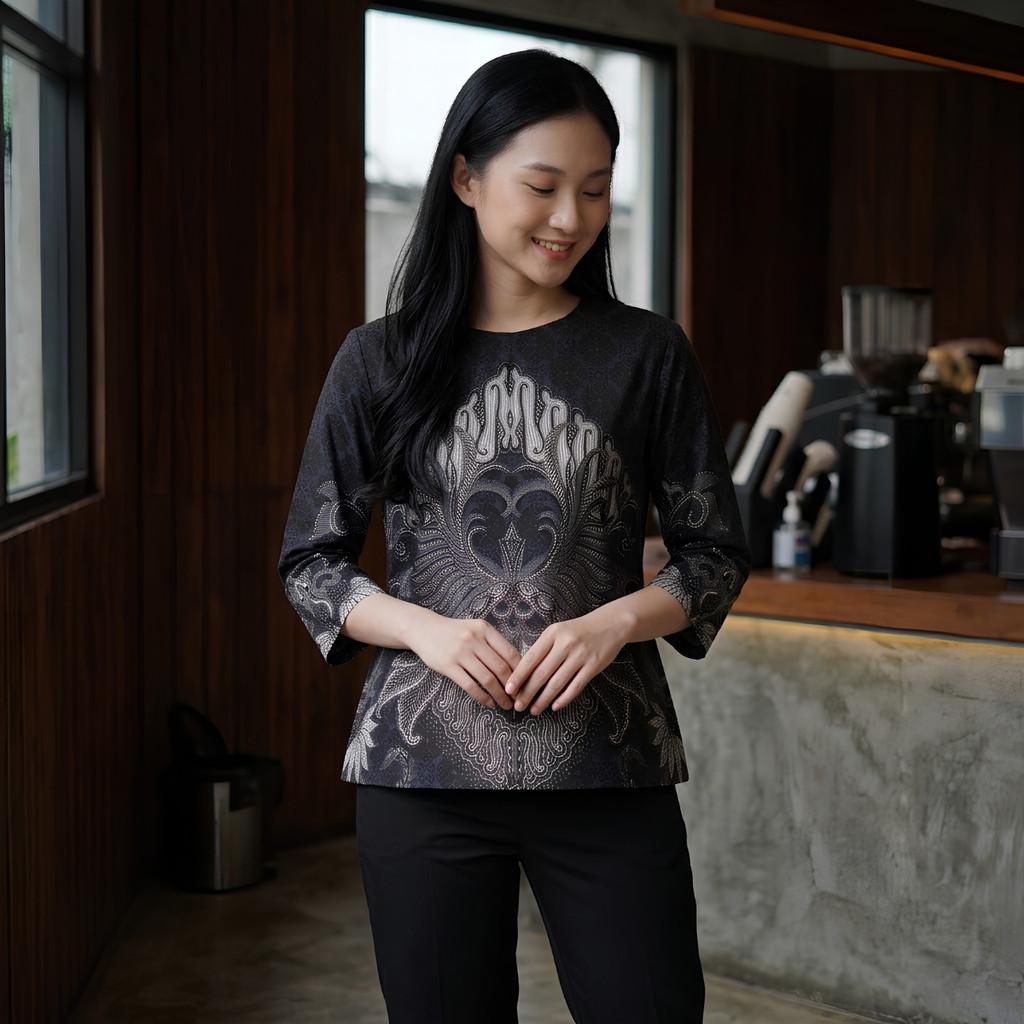 Odza Blouse Batik Wanita Lengan 7/8 Atasan Kemeja Kerja Kondangan Modern Katun Premium Arunawa Hitam Coklat