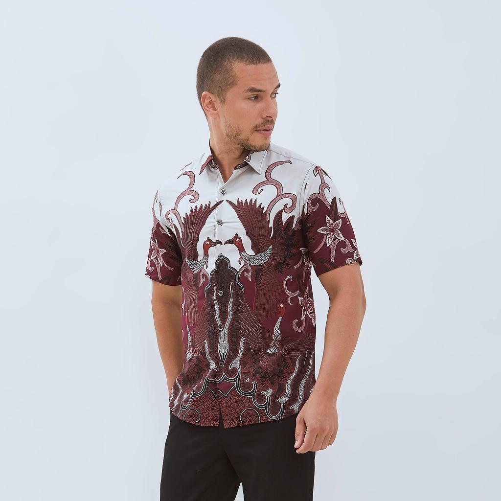 Odza Atasan Kemeja Batik Lengan Pendek Pria Slim Fit Trendy Modern Style Merah Maroon Adhikari