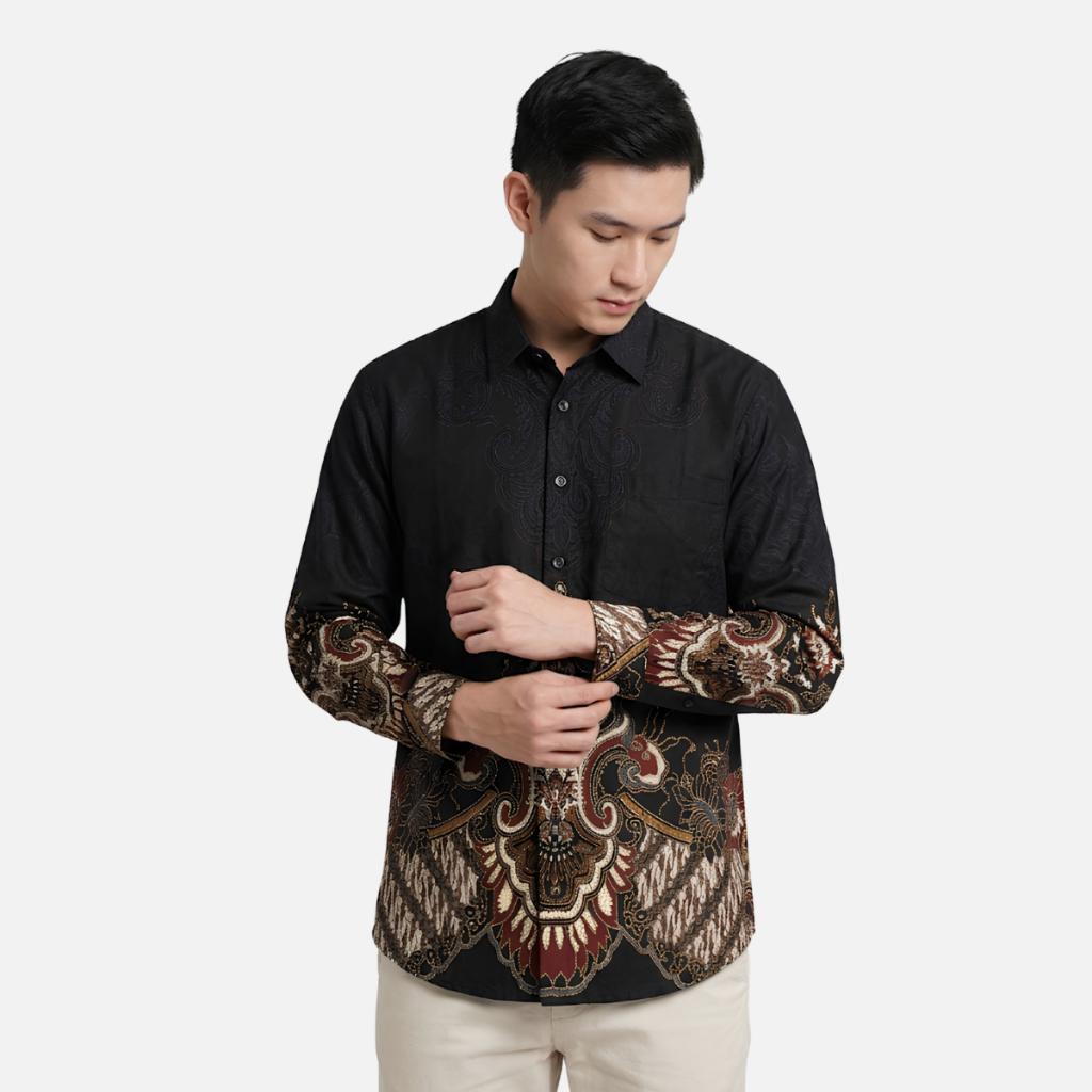 Odza Kemeja Batik Pria Slim Fit Lengan Panjang Katun Premium Baju Kerja Kondangan Panjira Navy Hitam