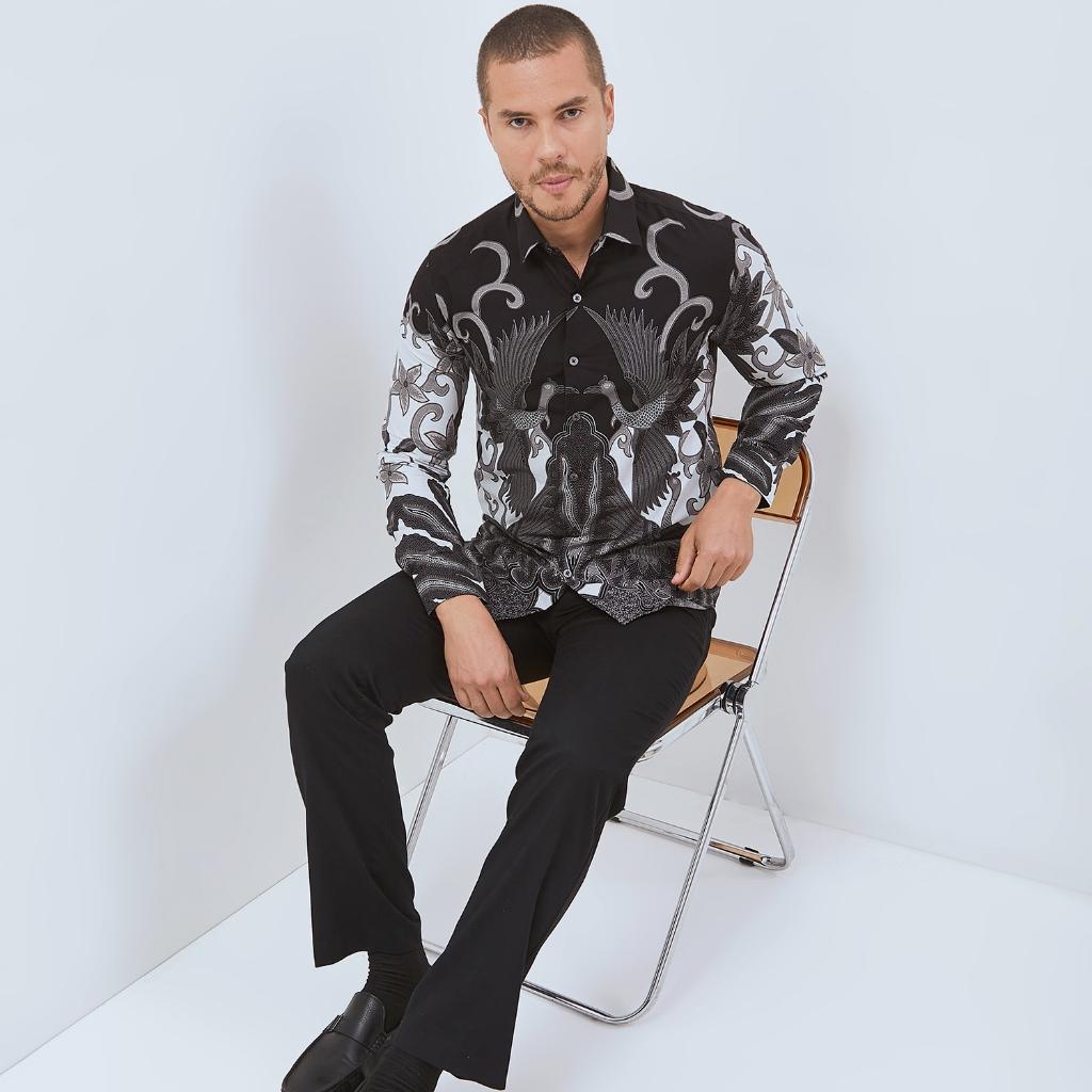 Odza Baju Kemeja Batik Hitam Lengan Panjang Pria Slim Fit Jumbo Pola Besar