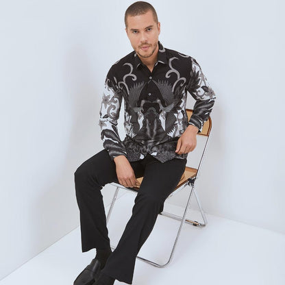 Odza Baju Kemeja Batik Hitam Lengan Panjang Pria Slim Fit Jumbo Pola Besar