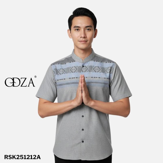 Odza Classic Baju Kemeja Koko Pria Lengan Pendek Regular Fit Atasan Kerah Shanghai Kaivan Abu Biru
