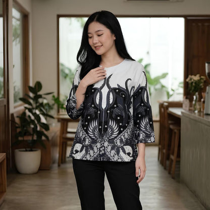Odza Batik Couple Set Kemeja Pria Slim Fit Blouse Wanita Lengan Panjang 7/8 Katun Premium Kondangan Saktora