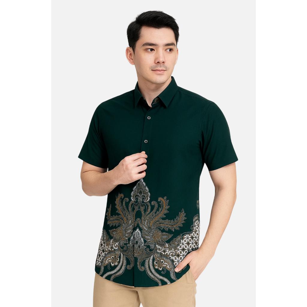 Odza Set Batik Couple Kemeja Rok Lilit Hem Couple Pria Kebaya Wanita Lengan Pendek Jumputan Hitam Priyatama Motif Setelan