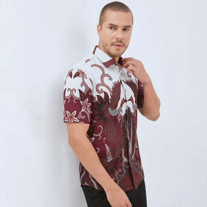 Odza Atasan Kemeja Batik Lengan Pendek Pria Slim Fit Trendy Modern Style Merah Maroon Adhikari