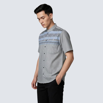 Odza Classic Baju Kemeja Koko Pria Lengan Pendek Regular Fit Atasan Kerah Shanghai Kaivan Abu Biru
