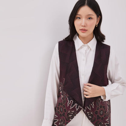 Odza Couple Set Kemeja Batik Lengan Pendek Pria Rompi Wanita Outer Vest Luaran Allsize Merah Maroon