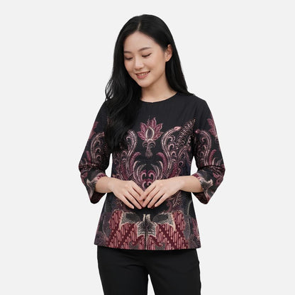 Odza Blouse Batik Wanita Lengan 7/8 Atasan Kemeja Kerja Kondangan Katun Premium Spatia Hitam Merah Maroon Coklat Tua