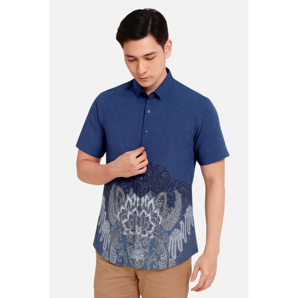 Odza Baju Batik Couple Kemeja Hem Pria Lengan Pendek Slim Fit Outer Rompi Vest Motif Biru Yogaswara