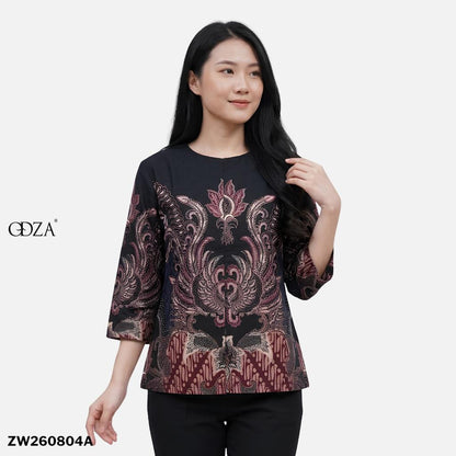 Odza Blouse Batik Wanita Lengan 7/8 Atasan Kemeja Kerja Kondangan Katun Premium Spatia Hitam Merah Maroon Coklat Tua