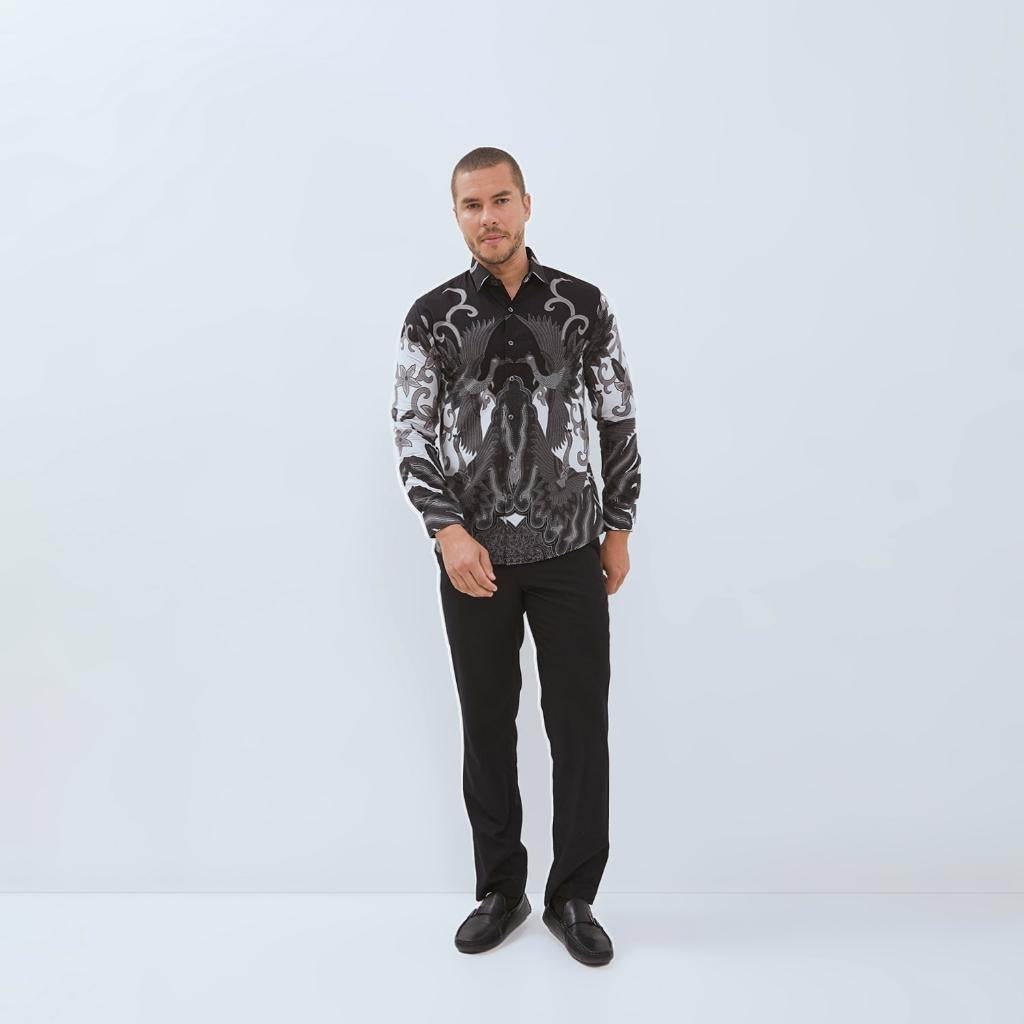 Odza Baju Kemeja Batik Hitam Lengan Panjang Pria Slim Fit Jumbo Pola Besar