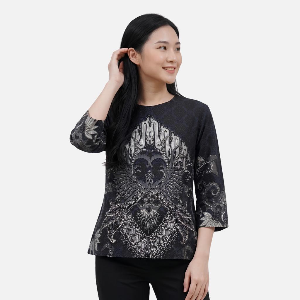 Odza Batik Couple Set Kemeja Pria Blouse Wanita Lengan Panjang 7/8 Cotton Printing Slim Fit Jumbo Arunawa Hitam Abu-abu
