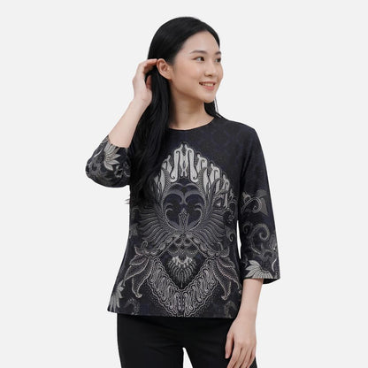 Odza Batik Couple Set Kemeja Pria Blouse Wanita Lengan Panjang 7/8 Cotton Printing Slim Fit Jumbo Arunawa Hitam Abu-abu