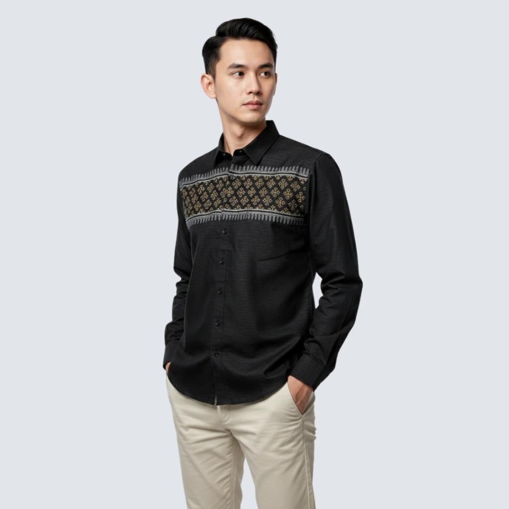Odza Classic Baju Koko Lengan Panjang Regular Fit Kemeja Muslim Motif Pria Aalif Hitam Abu-abu
