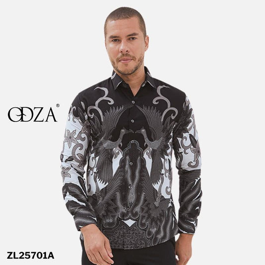 Odza Baju Kemeja Batik Hitam Lengan Panjang Pria Slim Fit Jumbo Pola Besar