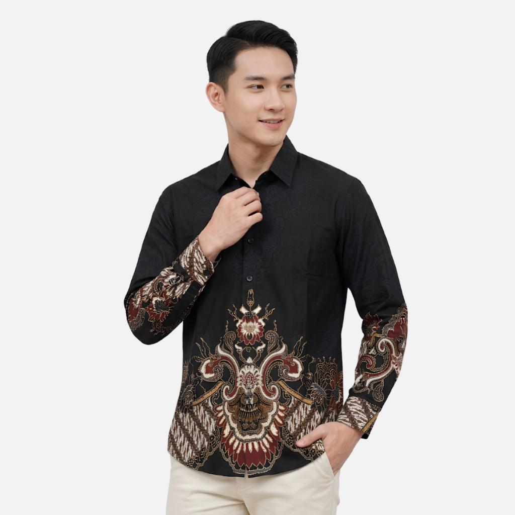 Odza Kemeja Batik Pria Slim Fit Lengan Panjang Katun Premium Baju Kerja Kondangan Demis Hitam Navy
