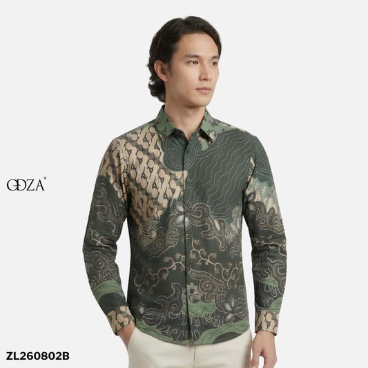 Odza Kemeja Batik Lengan Panjang Modern Pria Cotton Printing Slim Regular Fit Jumbo Javastera Biru Hijau