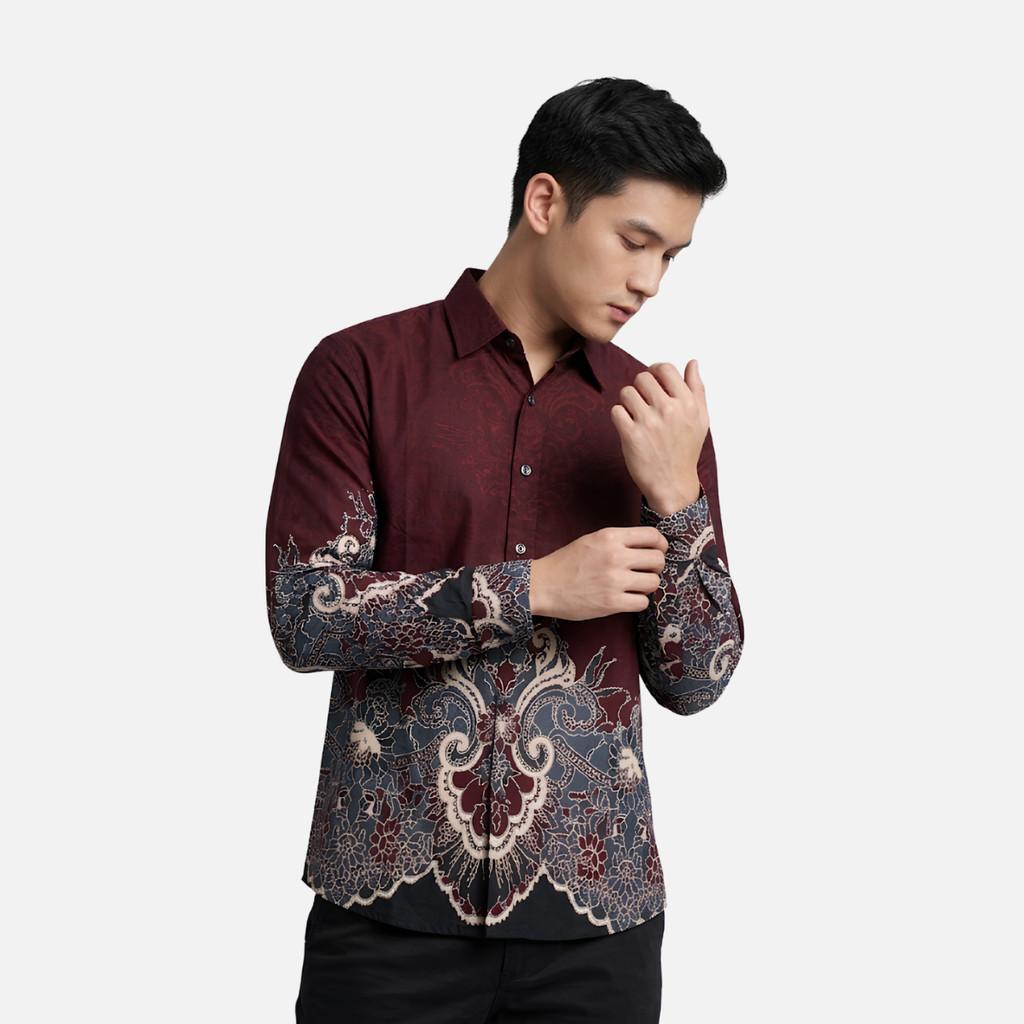 Odza Kemeja Batik Pria Slim Fit Lengan Panjang Katun Premium Baju Kerja Kondangan Maroon Hitam