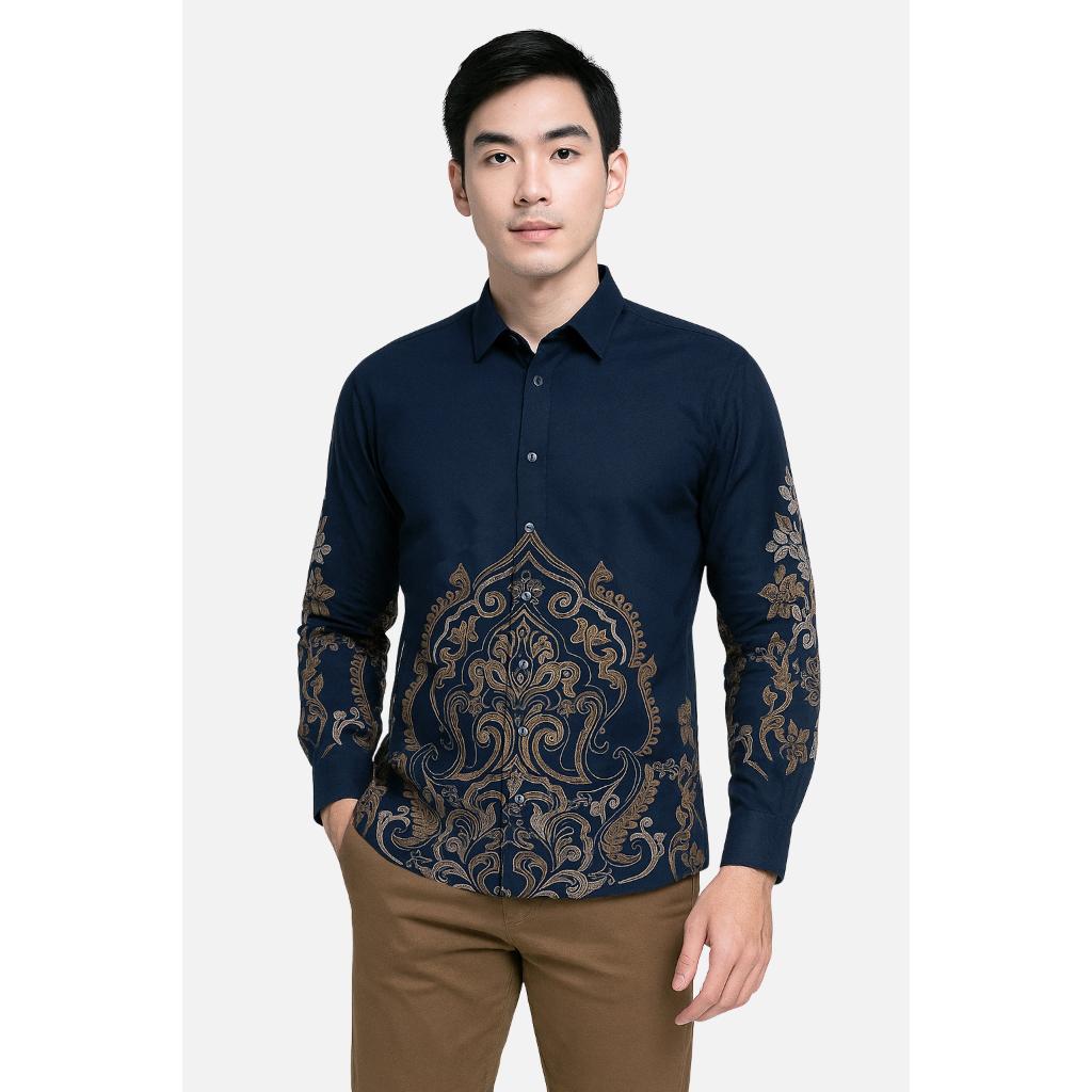 Set Kemeja Batik Couple Pria Wanita Rok Lilit Slim Lengan Panjang Kebaya Jumputan Biru Navy Maheswara