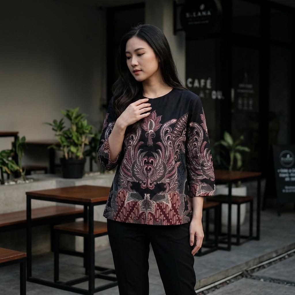 Odza Blouse Batik Wanita Lengan 7/8 Atasan Kemeja Kerja Kondangan Modern Dakupa Coklat Tua Hitam