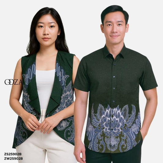 Odza Batik Couple Keluarga Kemeja Hem Pria Baju Lengan Pendek Outer Rompi Vest Pasangan Motif Hijau Jumbo Widyanata