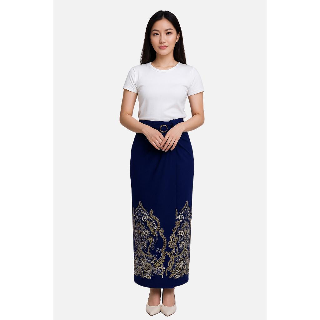 Set Kemeja Batik Couple Pria Wanita Rok Lilit Slim Lengan Panjang Kebaya Jumputan Biru Navy Maheswara