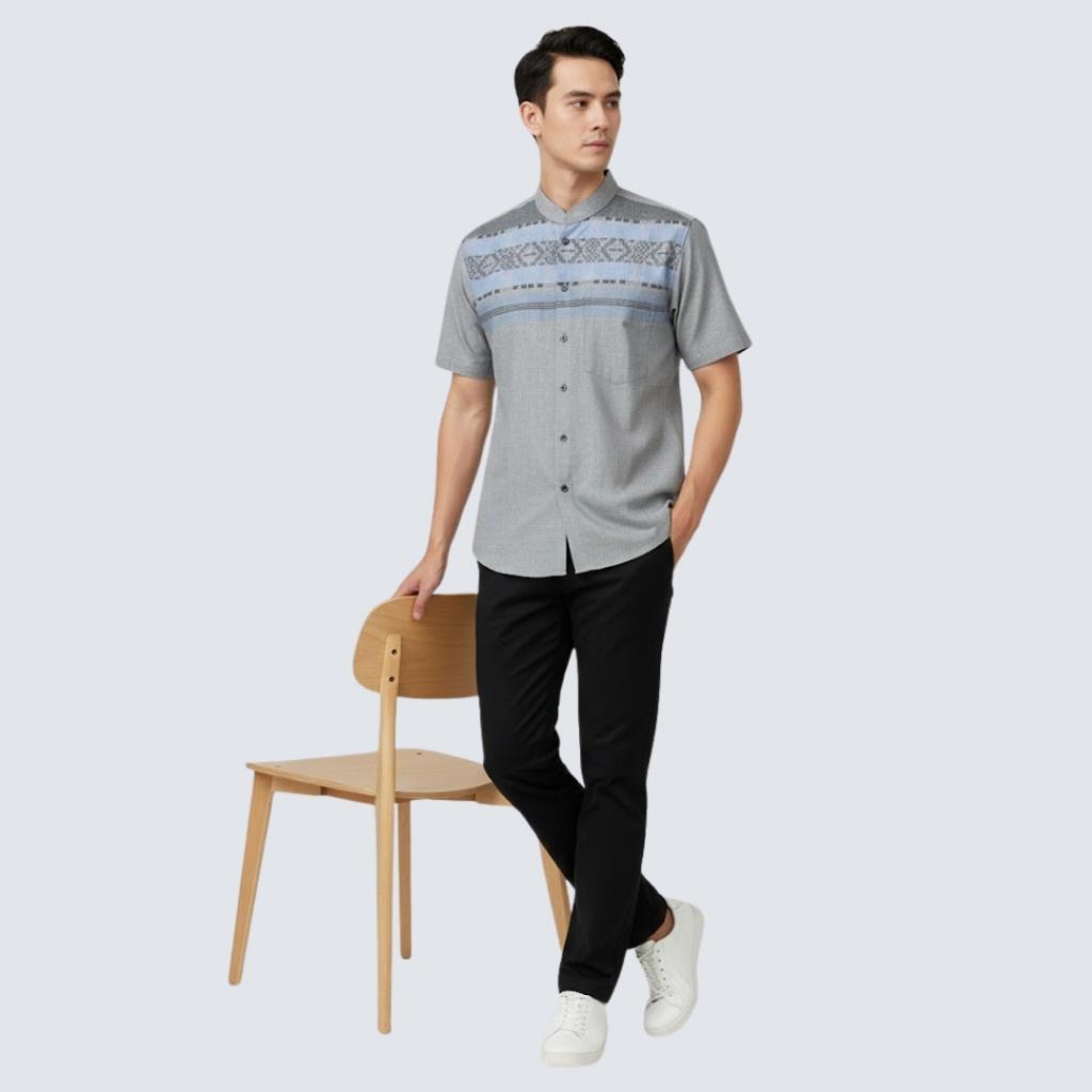 Odza Classic Baju Kemeja Koko Pria Lengan Pendek Regular Fit Atasan Kerah Shanghai Kaivan Abu Biru