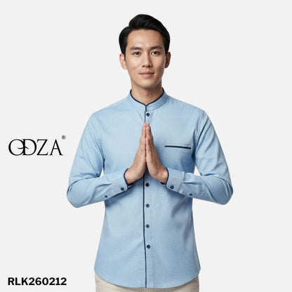 Odza Baju Koko Pria Lengan Panjang Polos Slim Fit Baju Kemeja Kerah Mandarin Kermana Biru Muda