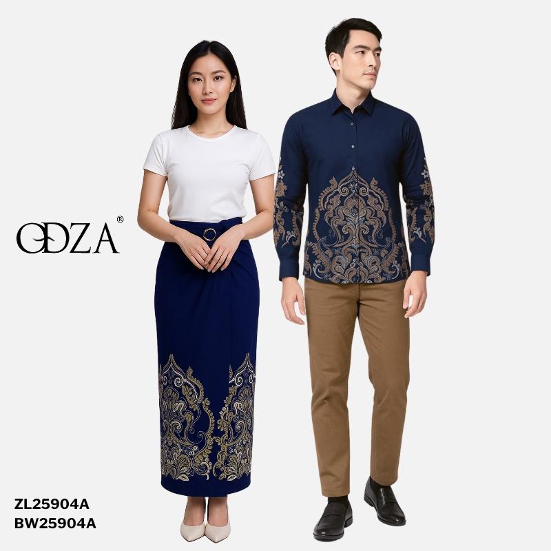 Set Kemeja Batik Couple Pria Wanita Rok Lilit Slim Lengan Panjang Kebaya Jumputan Biru Navy Maheswara