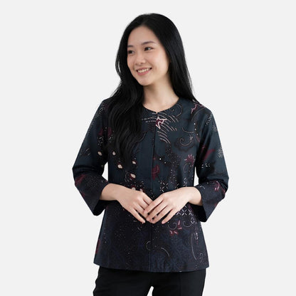 Odza Batik Couple Kemeja Pria Slim Fit Blouse Wanita Lengan Panjang Katun Premium Kondangan Decaddi Hitam