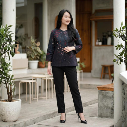 Odza Blouse Batik Wanita Lengan 7/8 Katun Premium Baju Kerja Kondangan Atasan Kebaya Decaddi Hitam