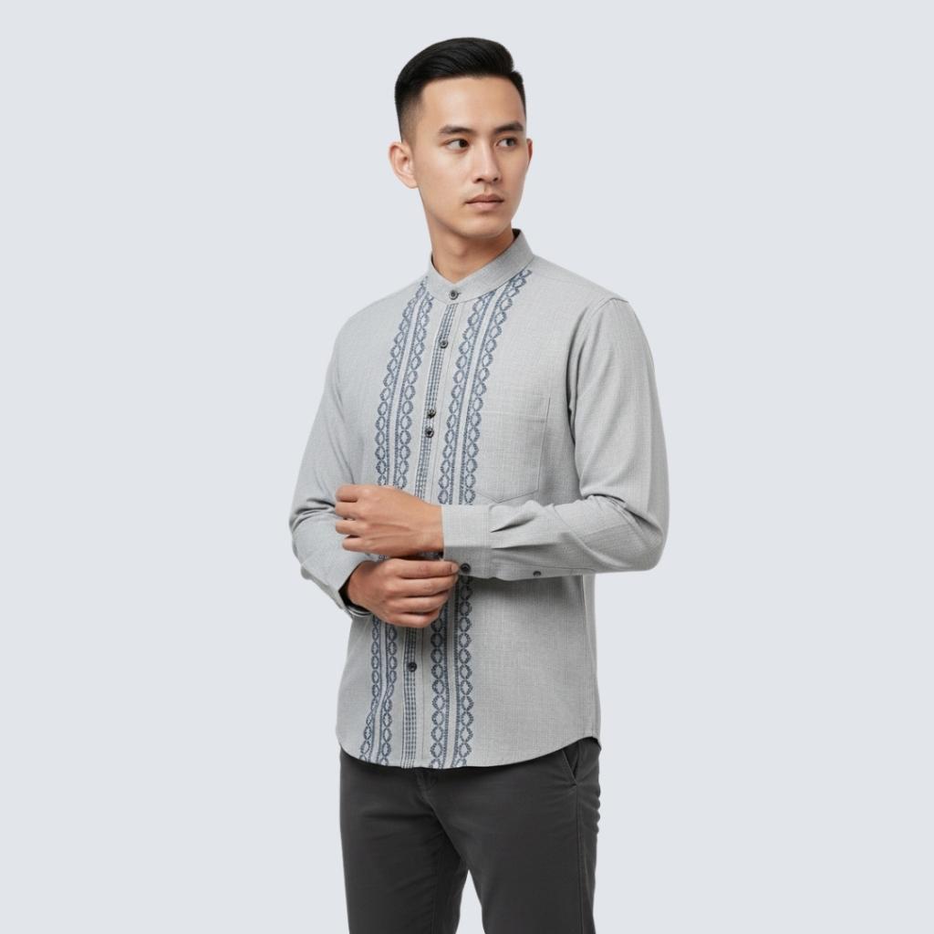 Odza Signature Baju Koko Regular Fit Lengan Panjang Bordir Timbul Kemeja Kerah Shanghai Pria Muslim Abizer Abu-abu