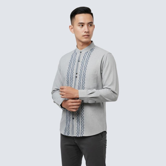 Odza Signature Baju Koko Regular Fit Lengan Panjang Bordir Timbul Kemeja Kerah Shanghai Pria Muslim Abizer Abu-abu