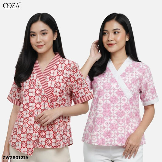 Odza Atasan Blouse Batik Modern Etnik Wanita Lengan Pendek Kimono Trikot Furing Merah Pink